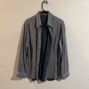 Vtg Jhane Barnes Mens‎ Dress Shirt Geometric Striped Large Buttoned Brown Gray